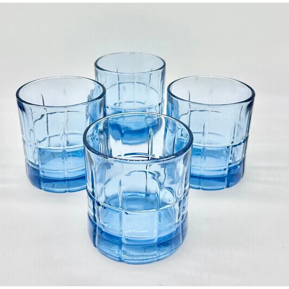 Set of 4 Anchor Hocking Blue Tartan old fashioned glasses
